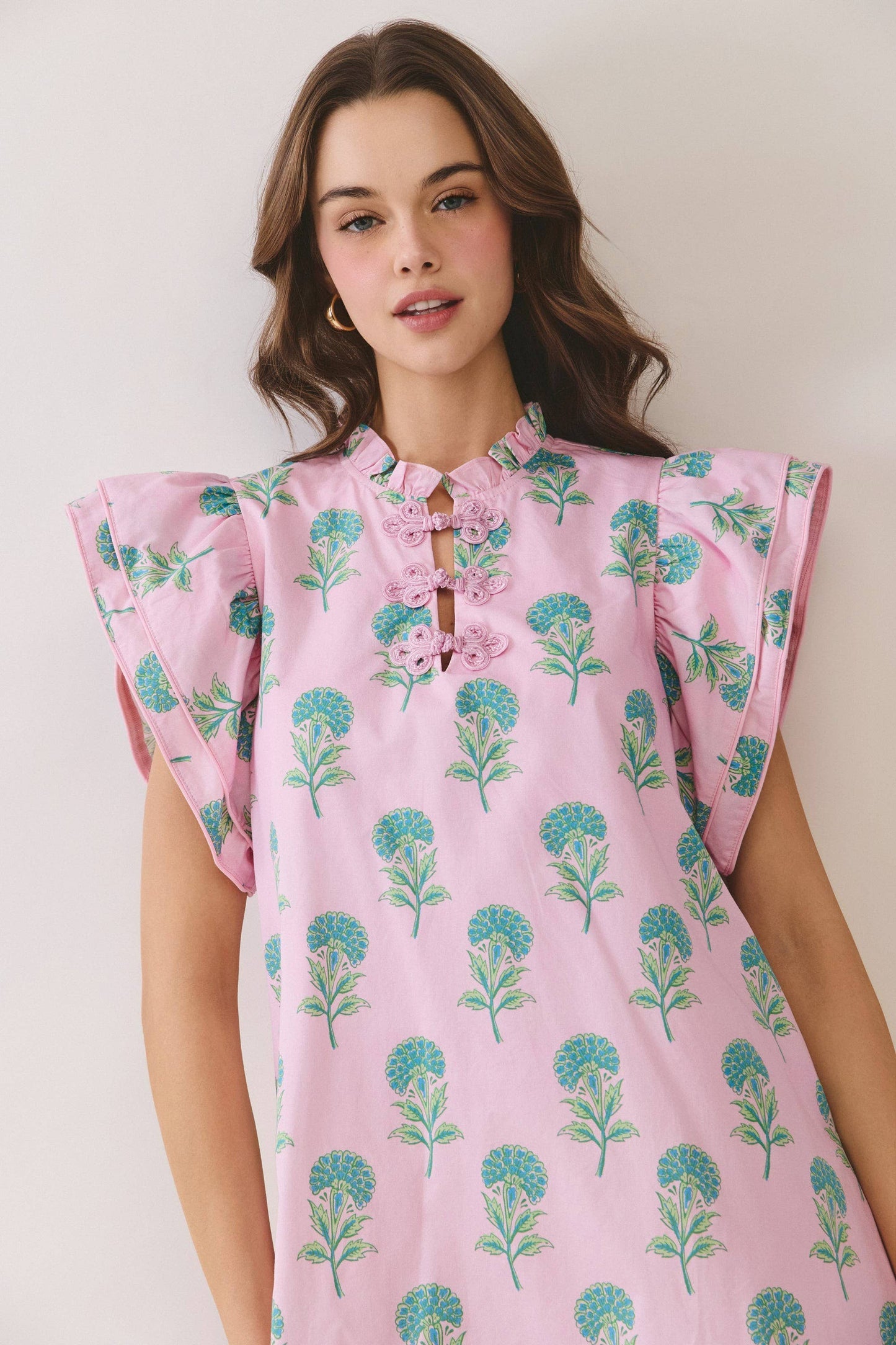 Floral  Ruffle Neck Frog Button  Mini Dress in Pink