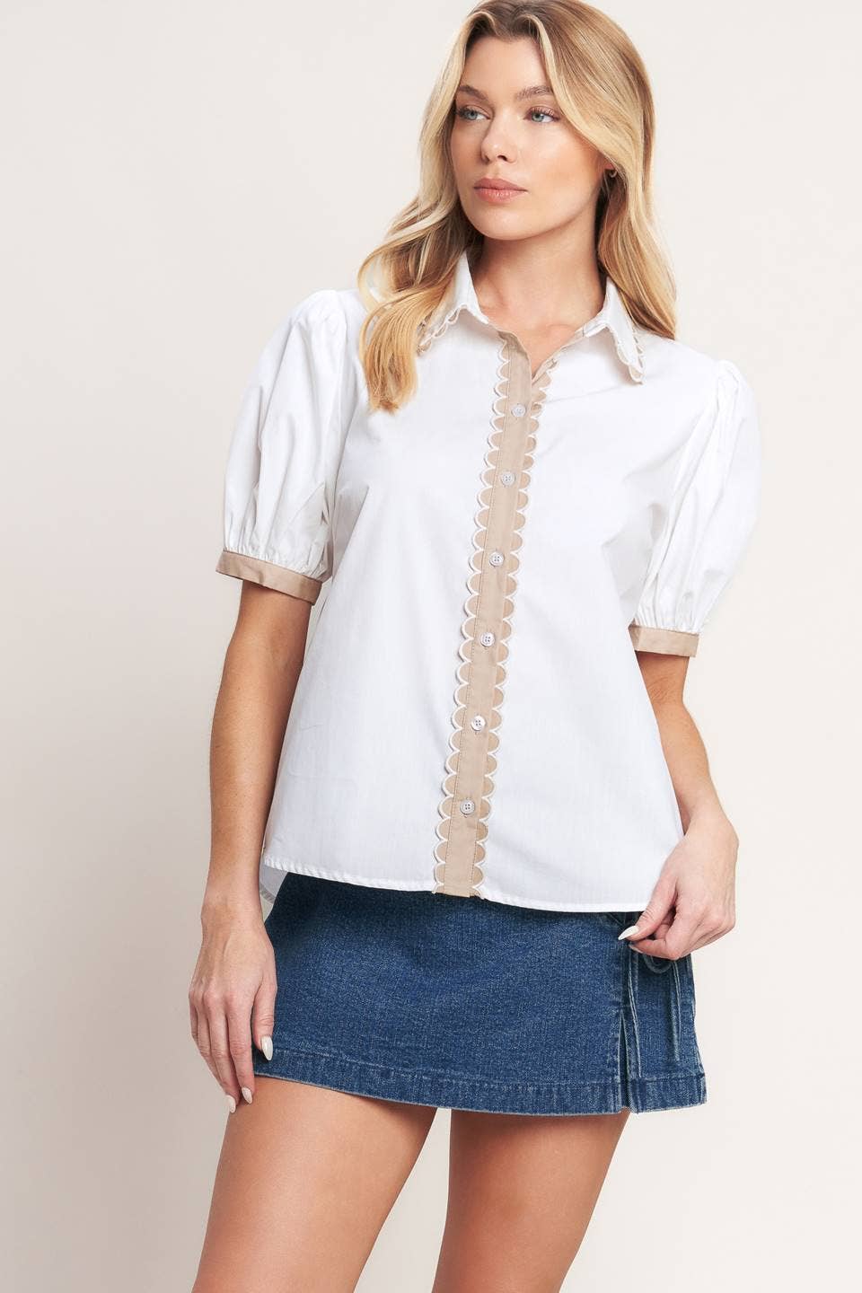Puff Sleeve Top in Ivory and Taupe