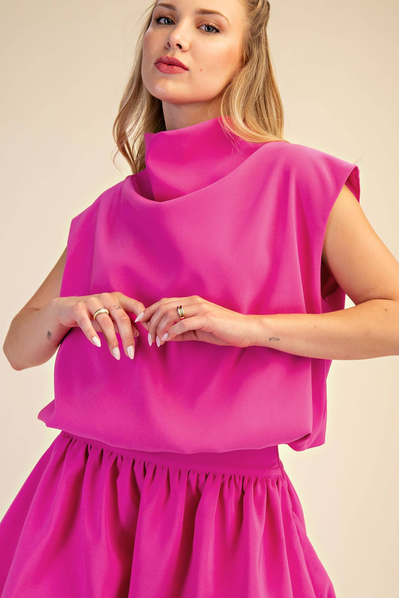 Mock Neck Bubble Top in Hot Pink