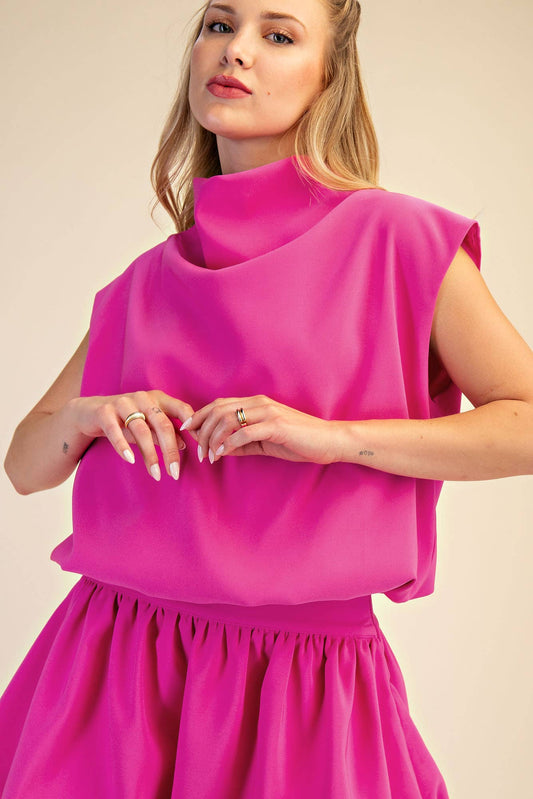 Mock Neck Bubble Top in Hot Pink