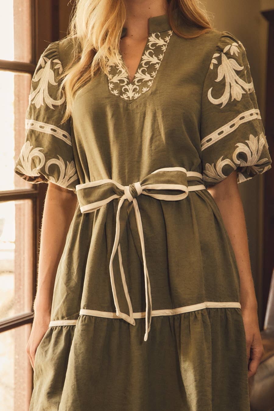 The Ansley Embroidered Dress in Olive