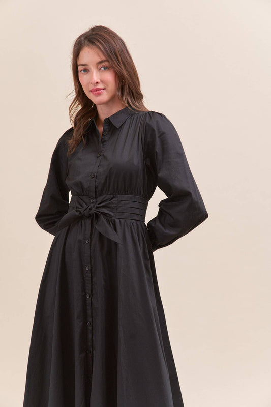 Pintuck Waist Front Tie Midi Dress