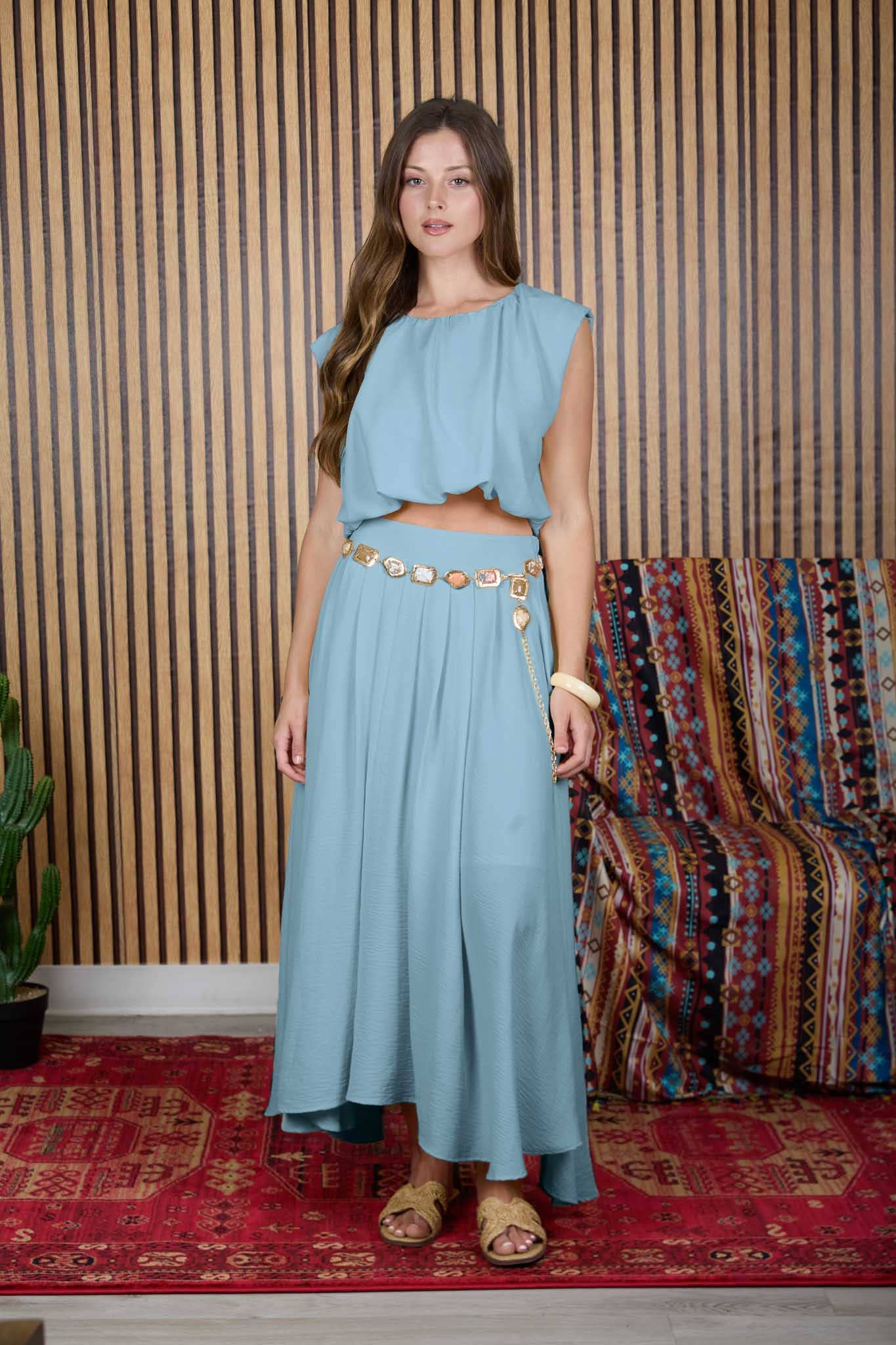 Box Pleated Midi Skirt with Matching Top