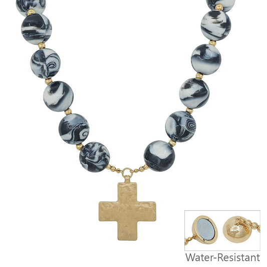 Chunky Black Marble Necklace w/Cross Pendant