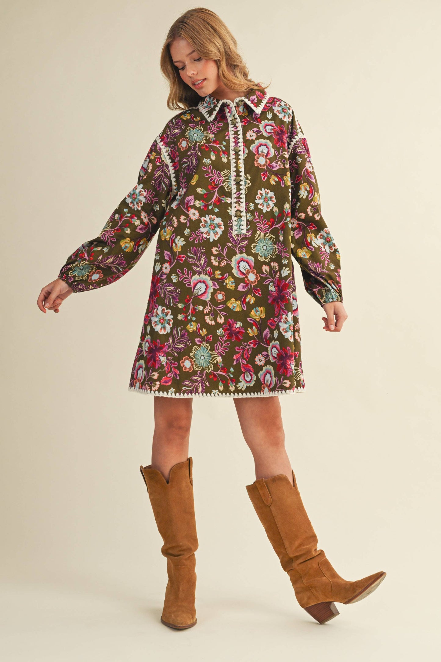 Blanket Stitch Floral Print Dress in Olive Multi