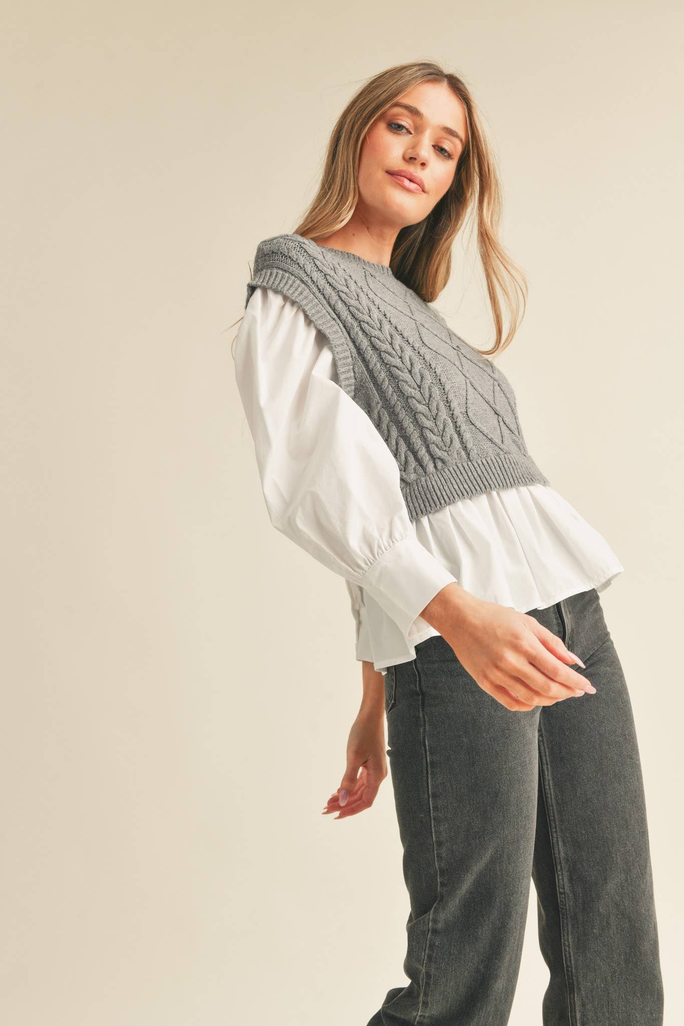 Mixed Media Cable Knit Sweater Top