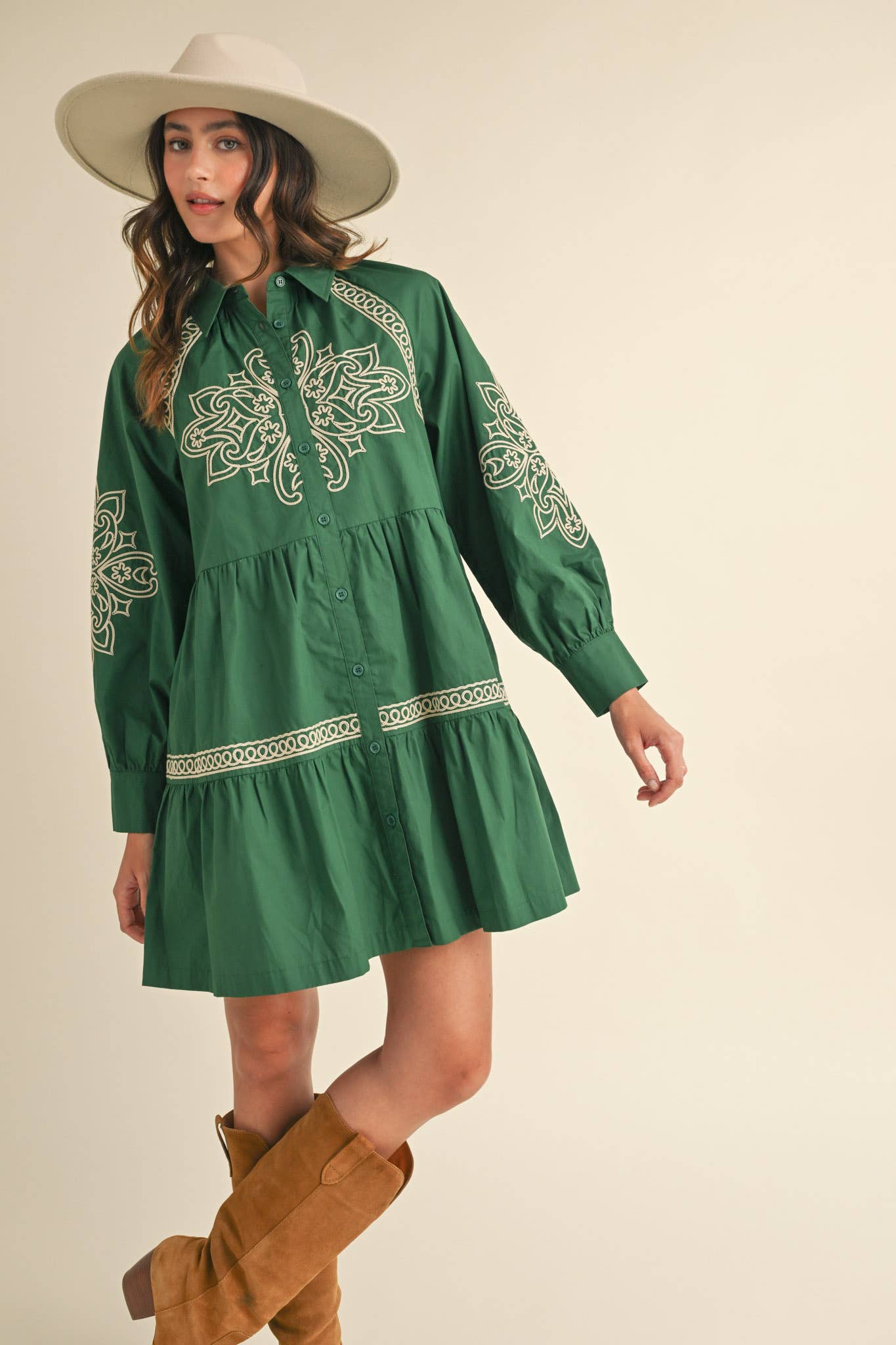 Embroidered Hunter Green Mini Dress