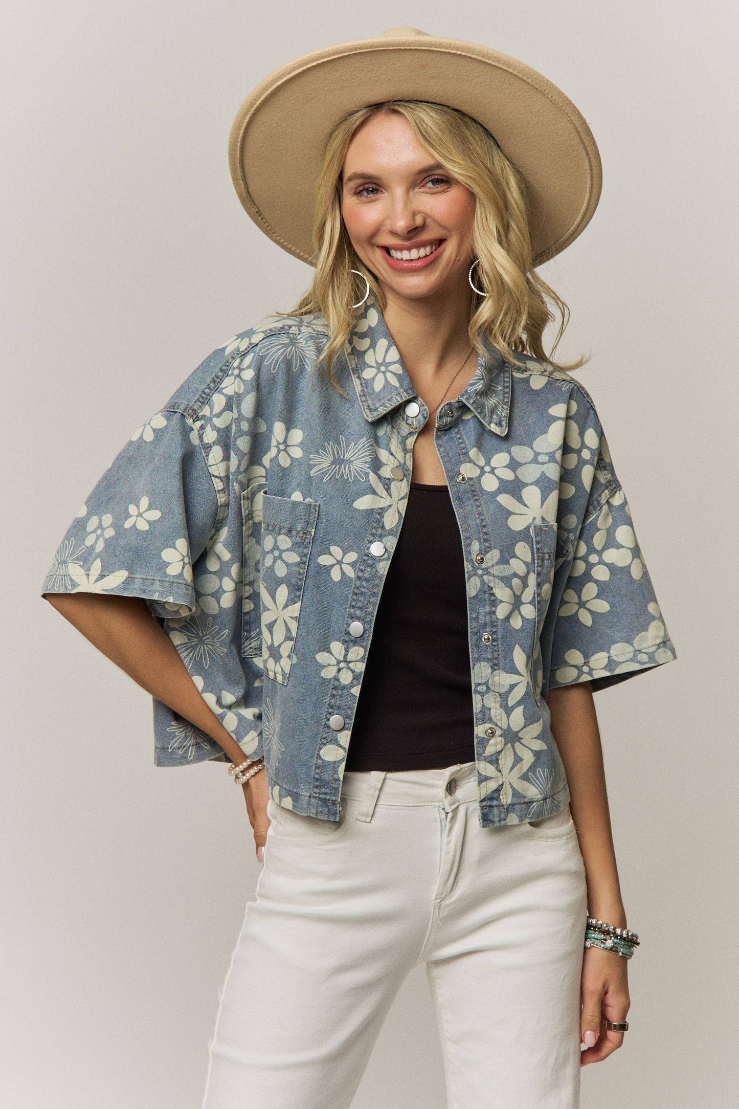 Floral Print Denim Snap Front Top/Jacket