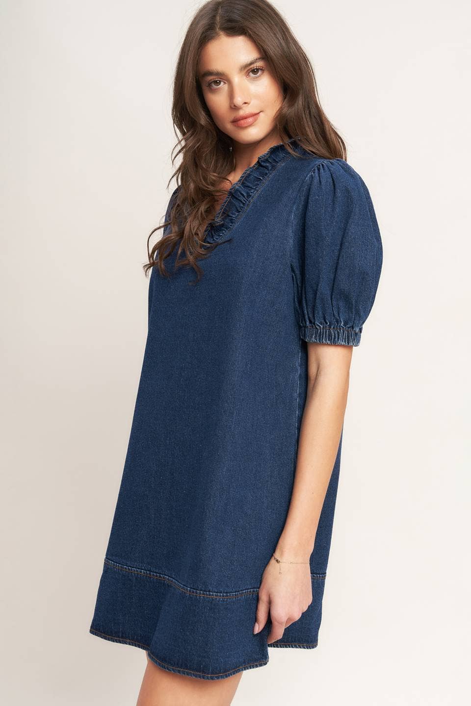 Dark Denim Ruffle Neck Dress