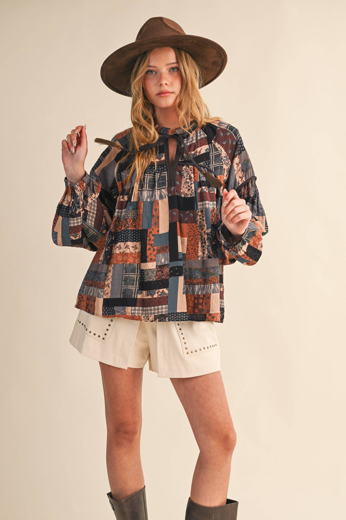 Patchwork Print Babydoll Top