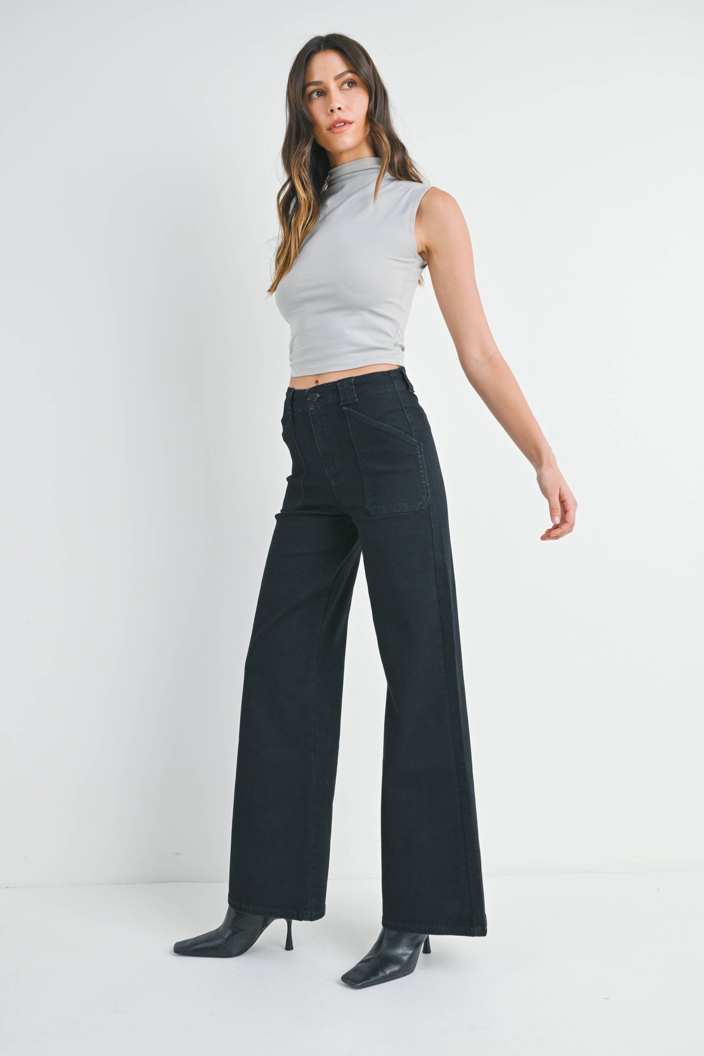 JBD Patch Pocket Wide Leg Flare in Black