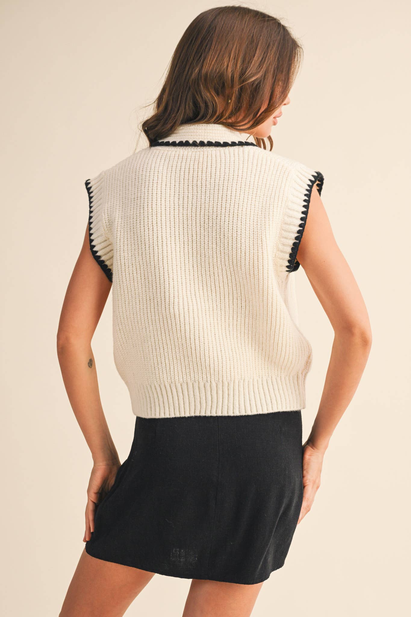 Tie Neck Sweater Vest in Ivory and Black