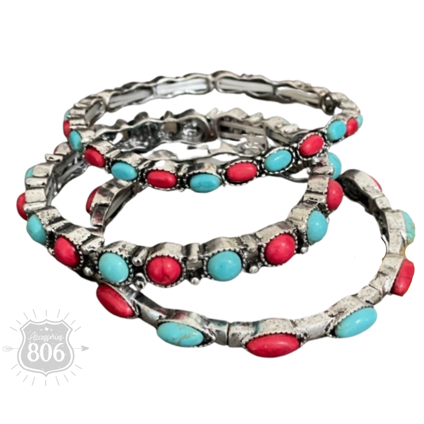 Three piece stone stretch bracelet set: Red