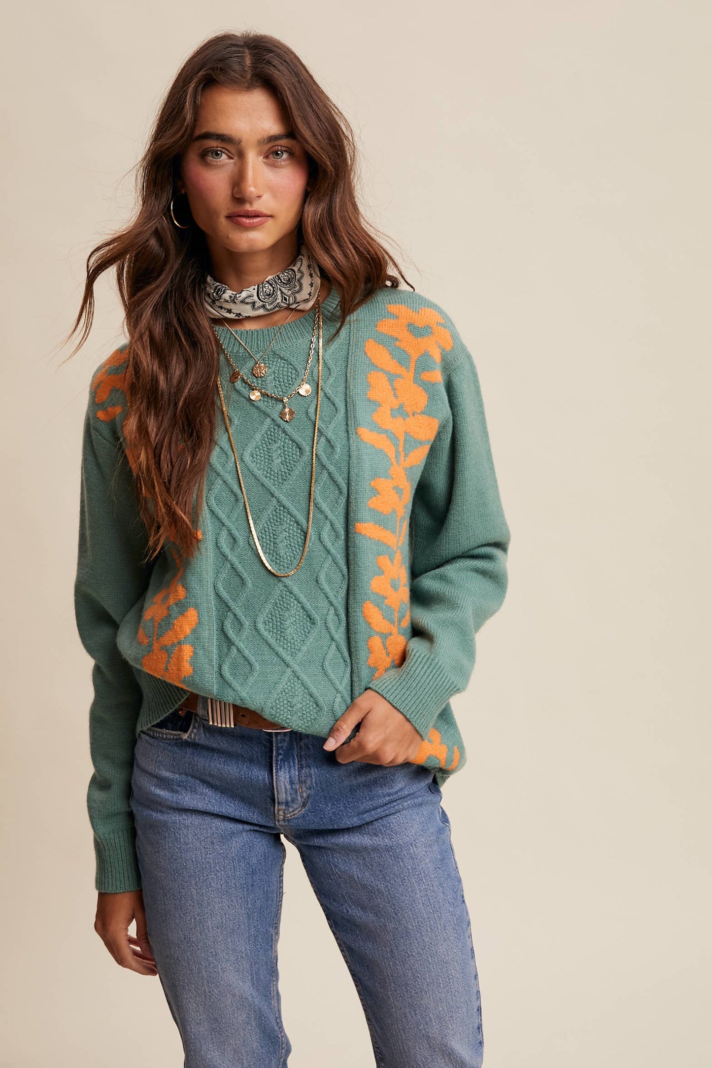Floral Panel Cable Knit Sweater