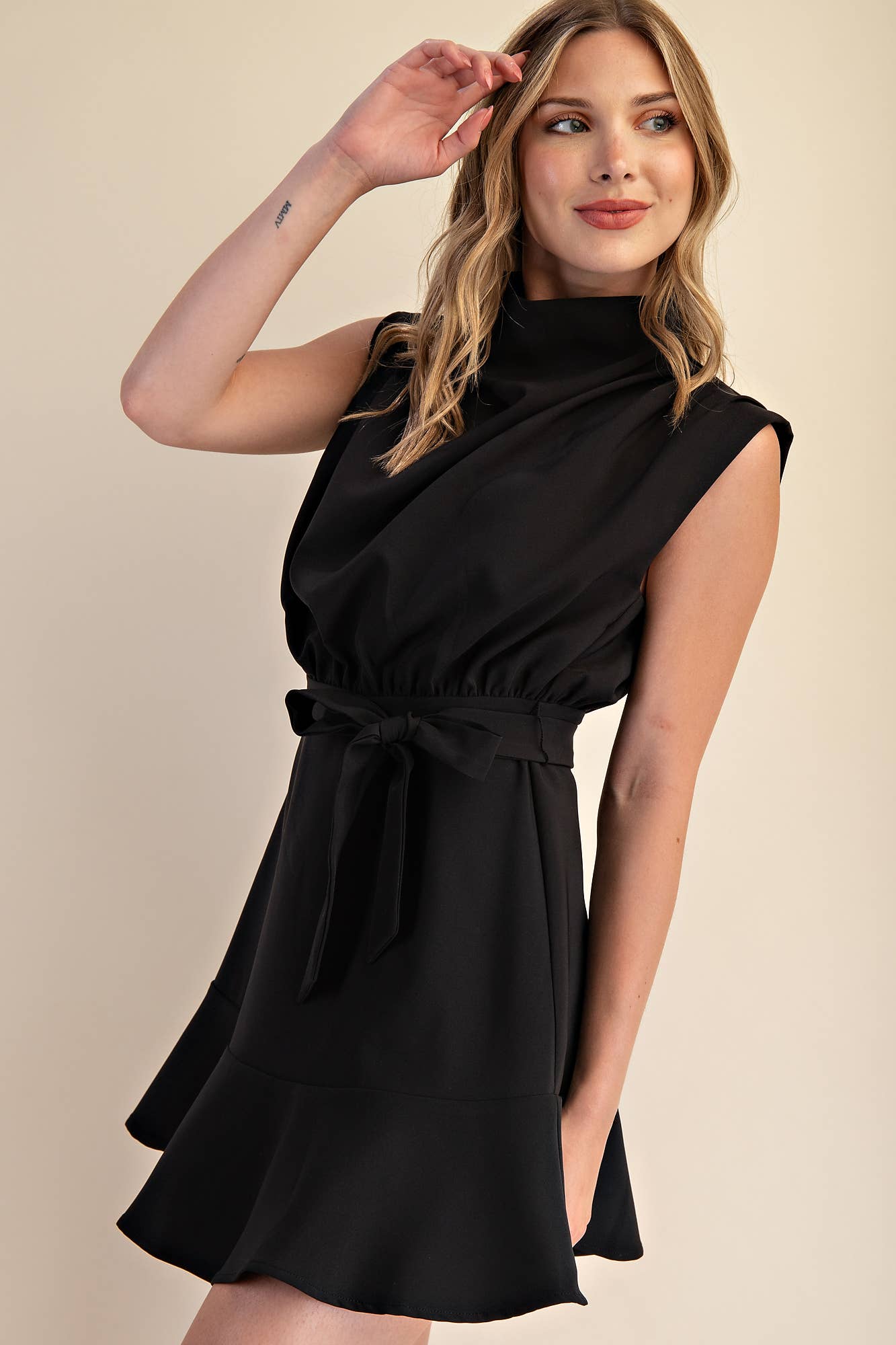 Cowl Neck Sleeveless Mini Dress in Black
