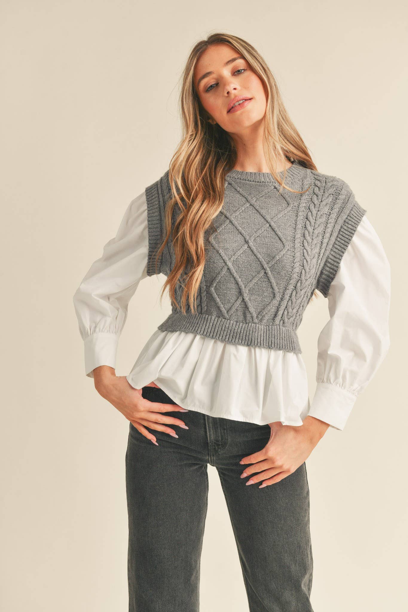 Mixed Media Cable Knit Sweater Top