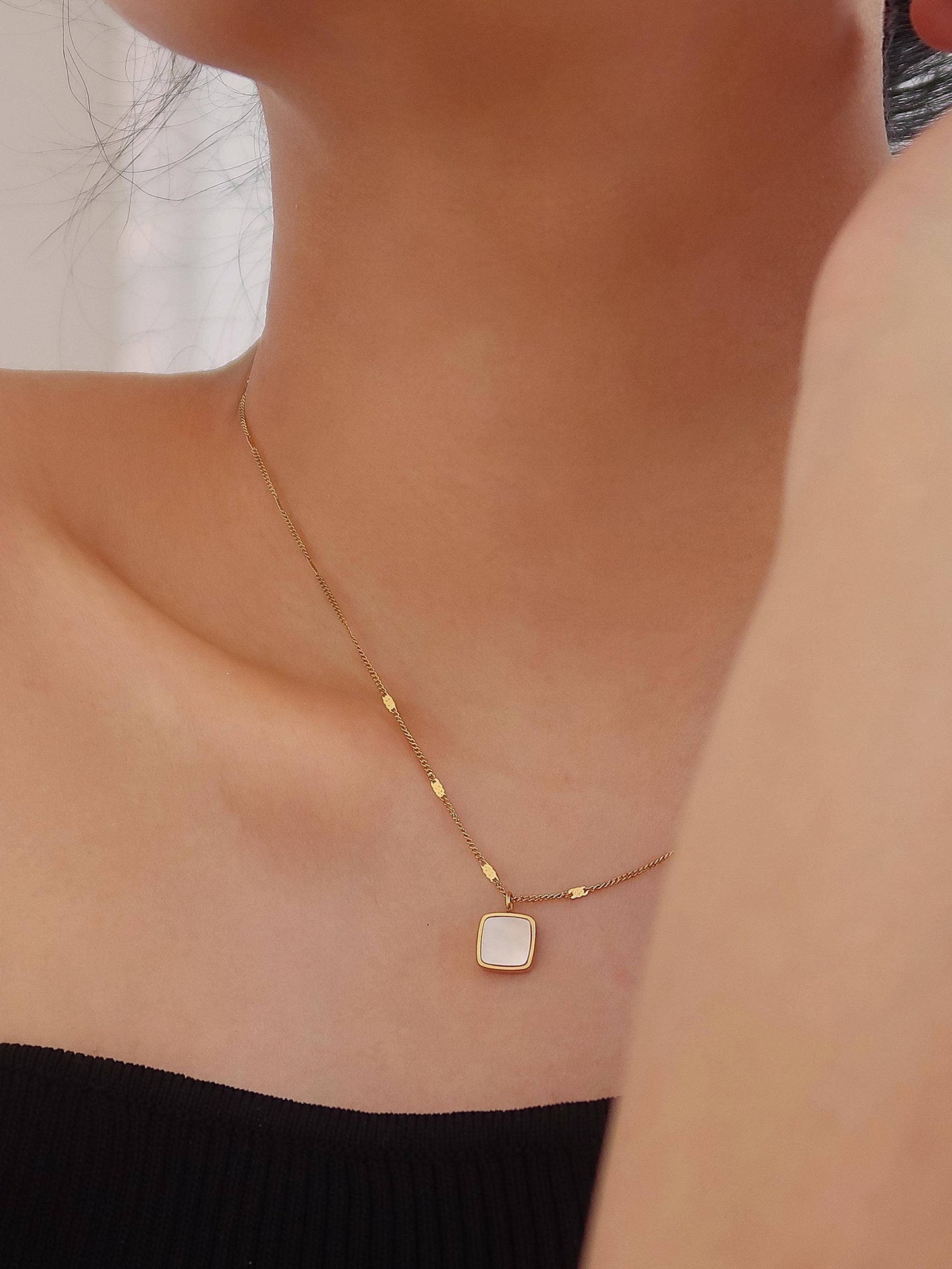 Felicity 18K Gold Non-Tarnish Shell Square Necklace: Yellow Gold