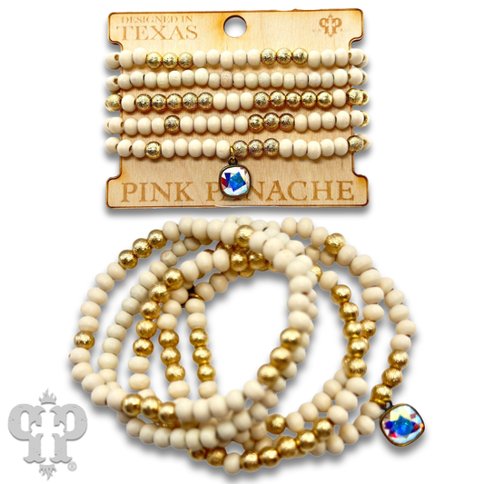 Round wood bead bracelet set, Austrian crystal: White
