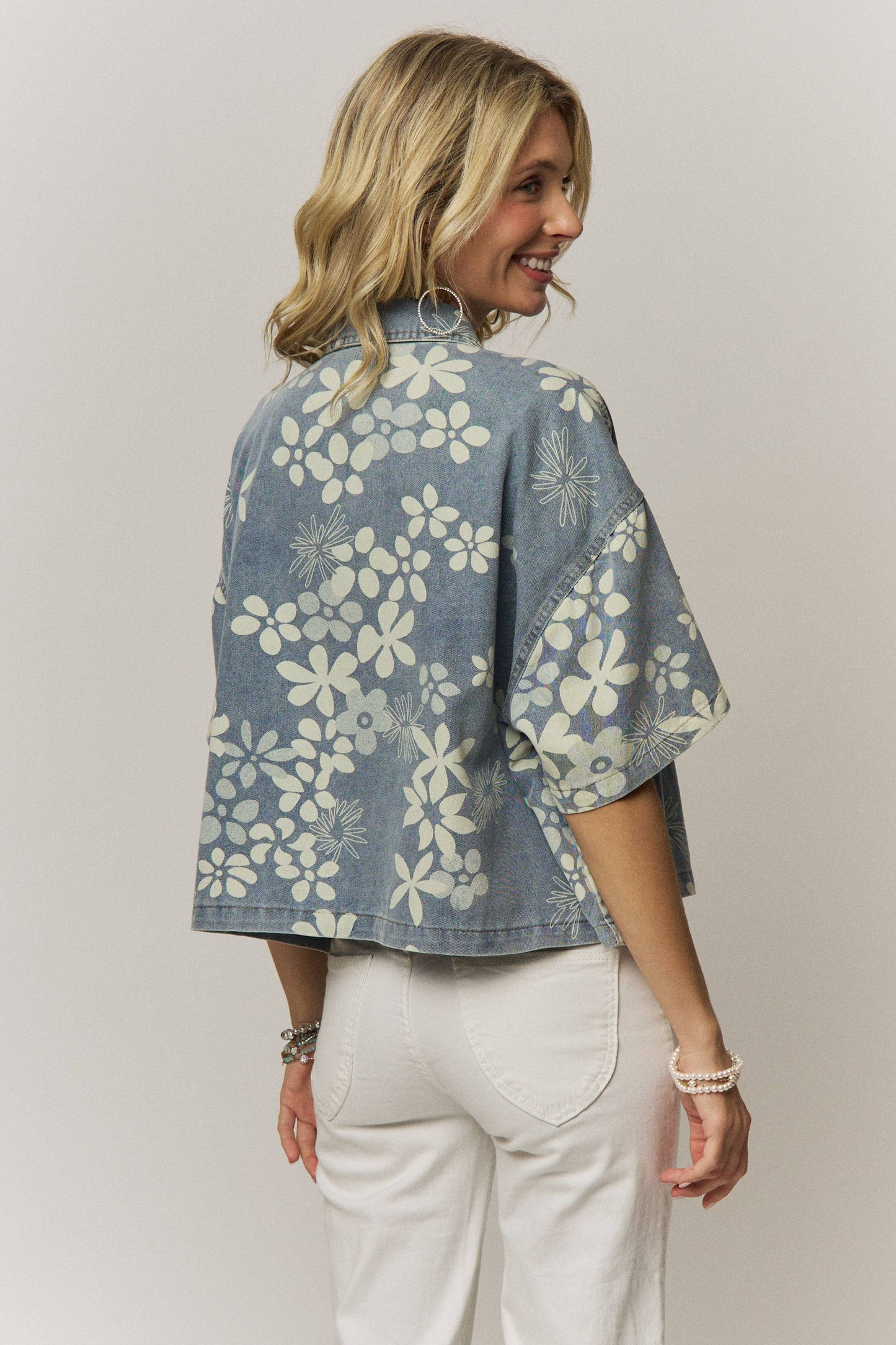 Floral Print Denim Snap Front Top/Jacket
