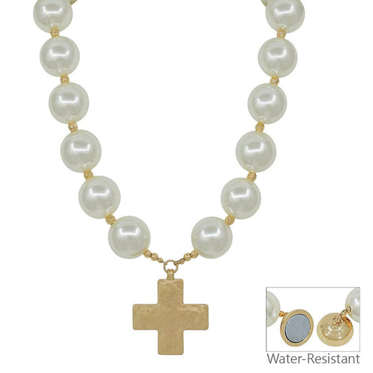Chunky Beaded Pearl Necklace With Cross Pendant