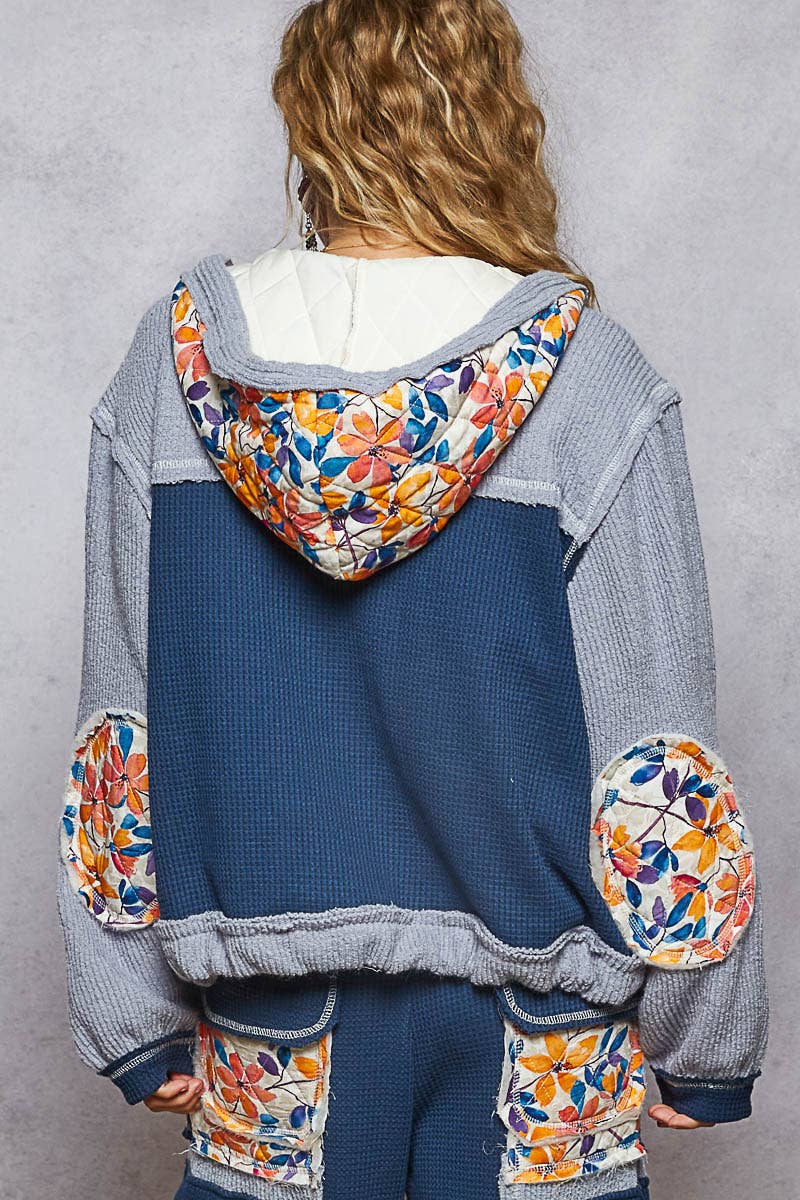 Balloon Sleeve Quilted Detail Floral Knit Hoodie Jacket