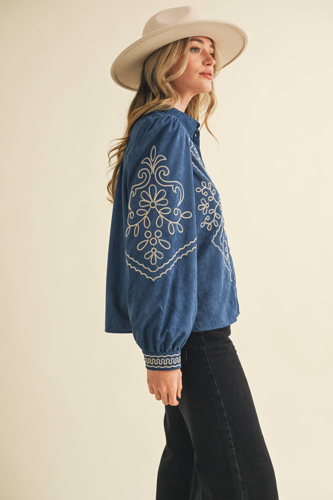 Suede Embroidered Button Up Top in Blue