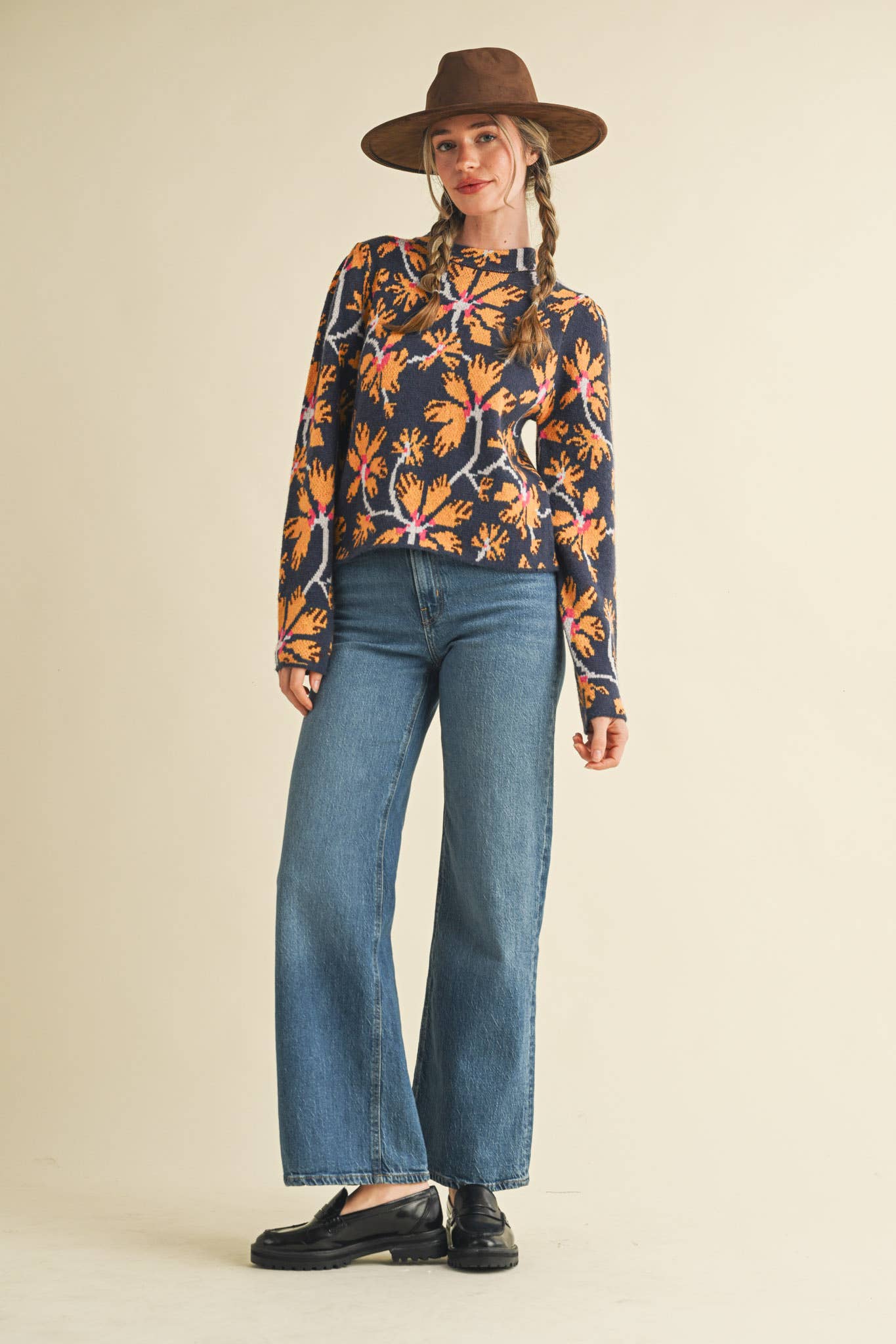 Floral Mock Neck Sweater in Navy