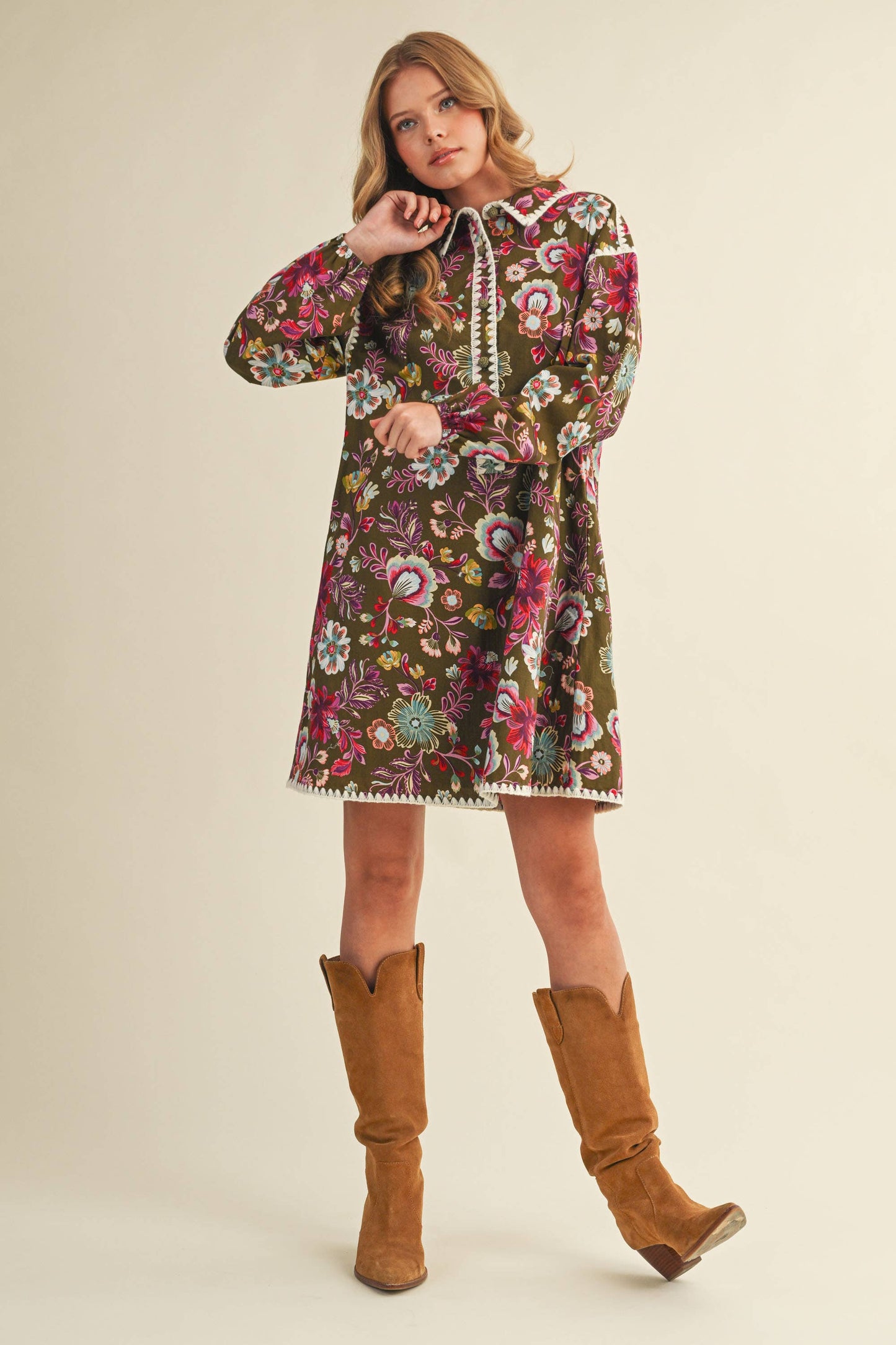 Blanket Stitch Floral Print Dress in Olive Multi