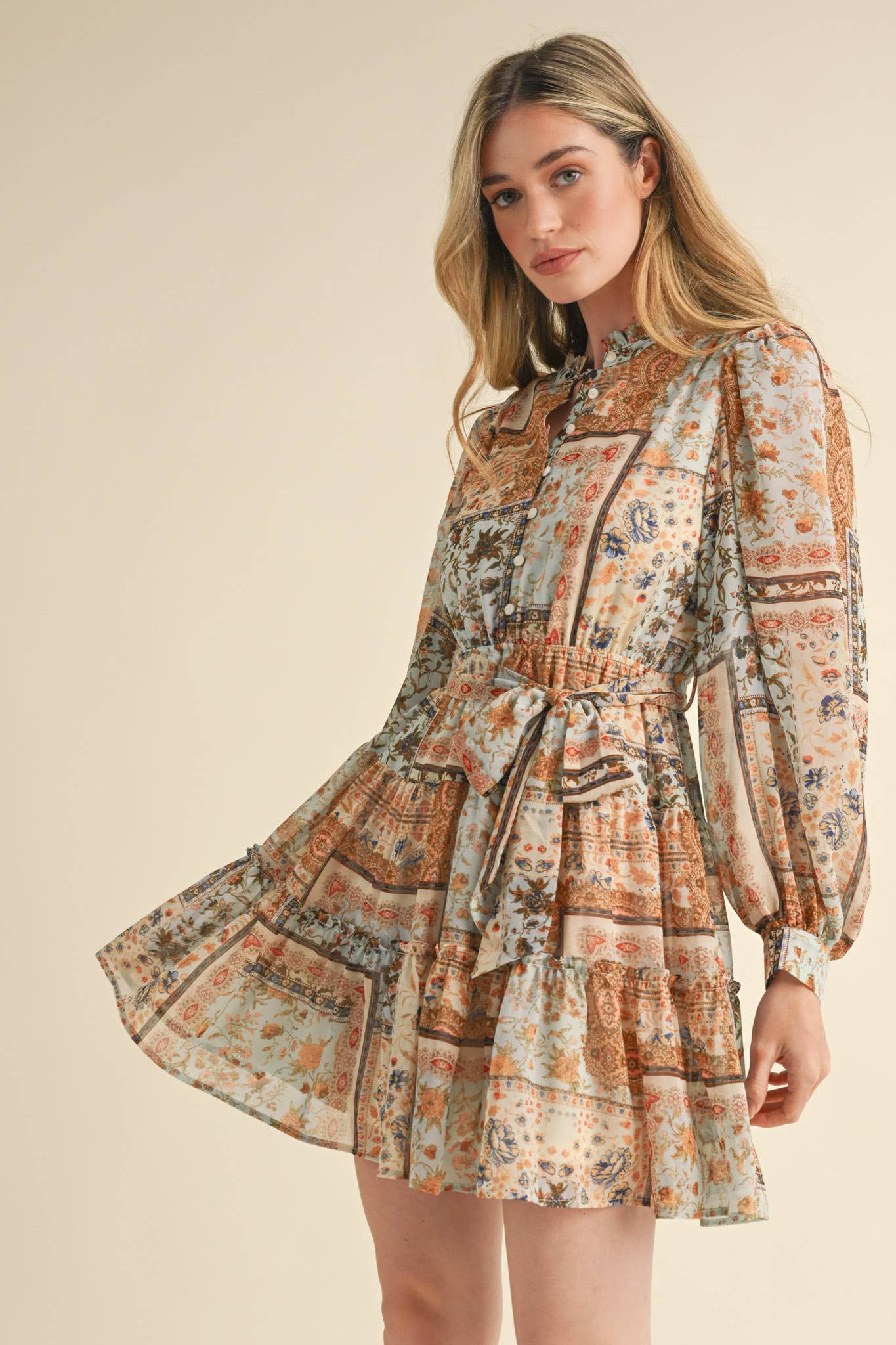 Dusty Blue Patch Print Dress