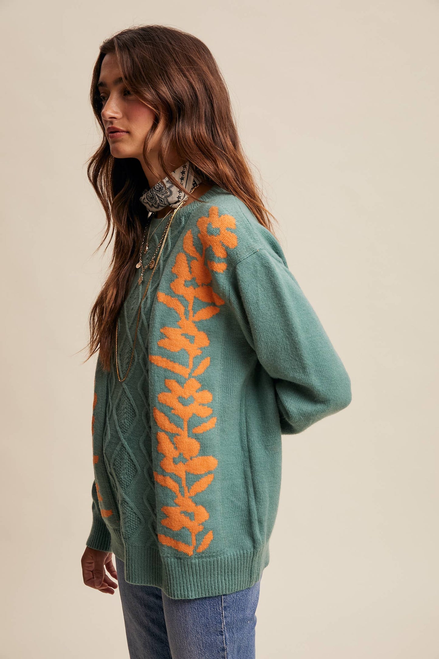 Floral Panel Cable Knit Sweater