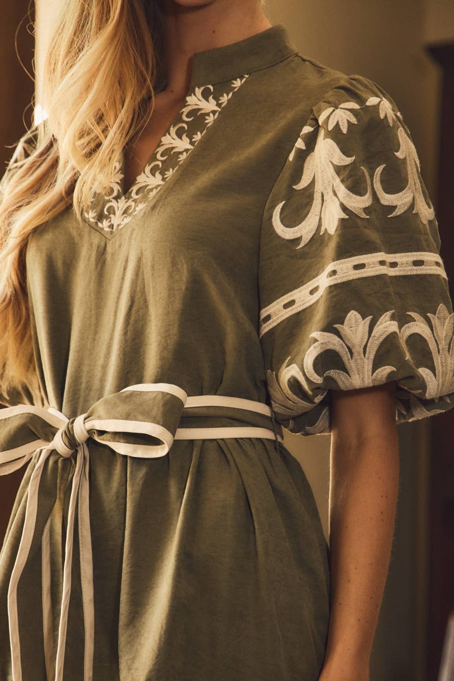 The Ansley Embroidered Dress in Olive