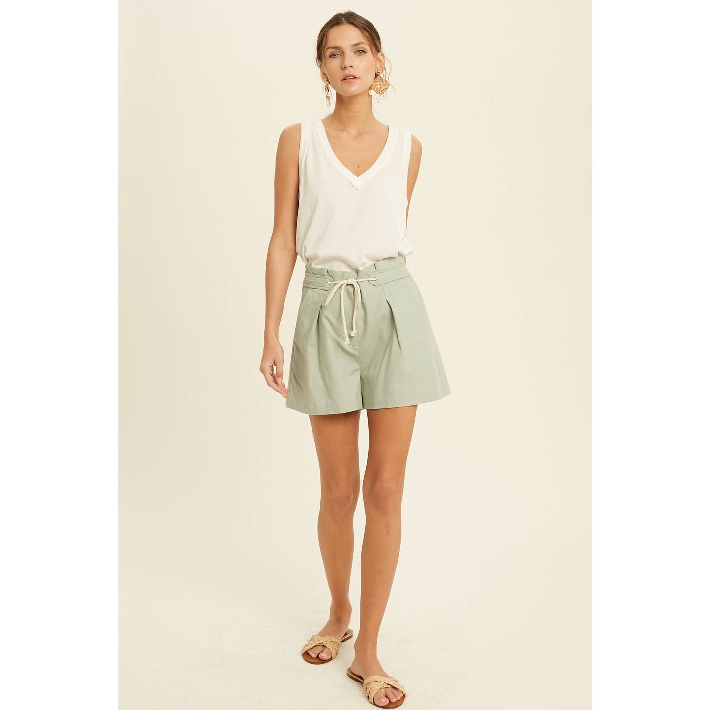 Tie Front Shorts In Sage