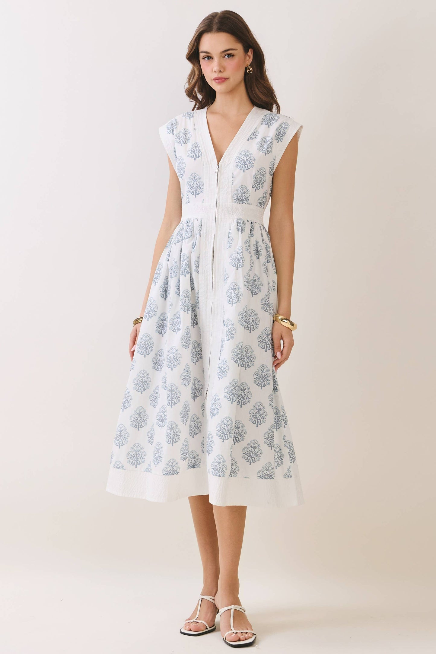 Floral Print Zipper Front Midi Dress in Blue and White