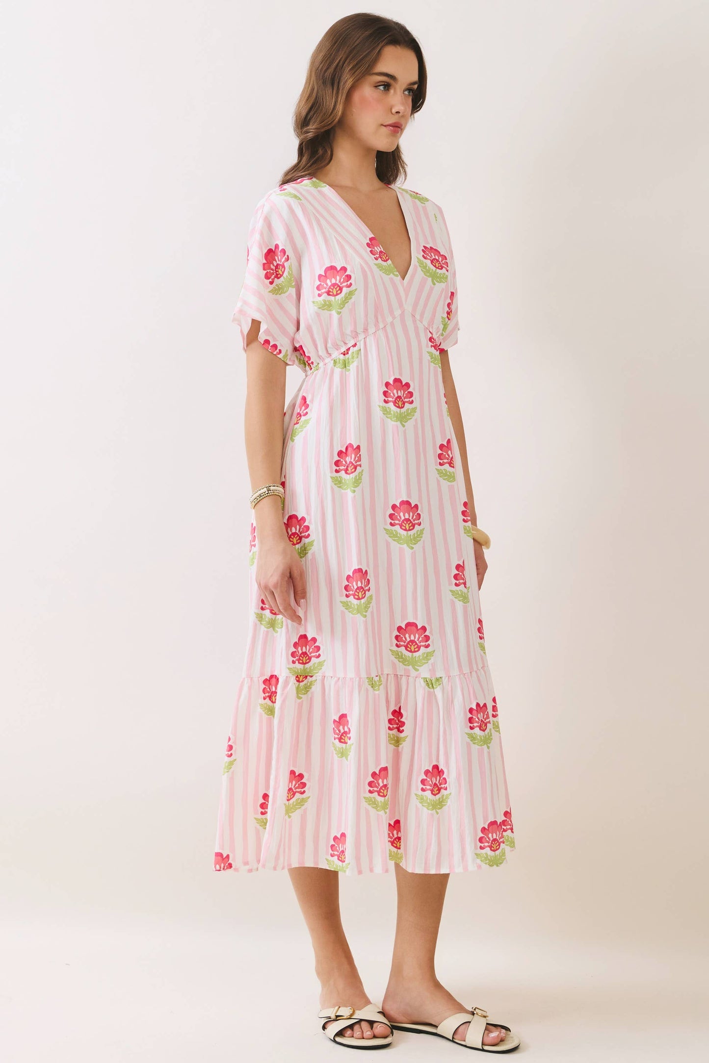 Floral Stripe Print V Neck Midi Dress in Pink