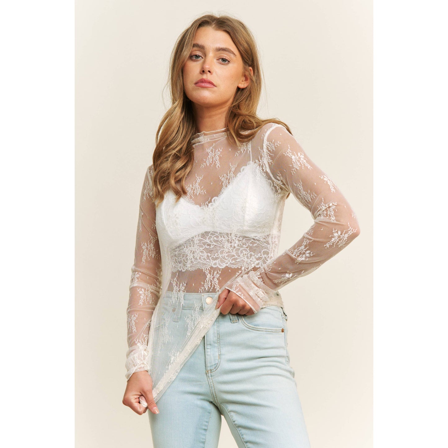 Off White Sheer Lace High Neck Top