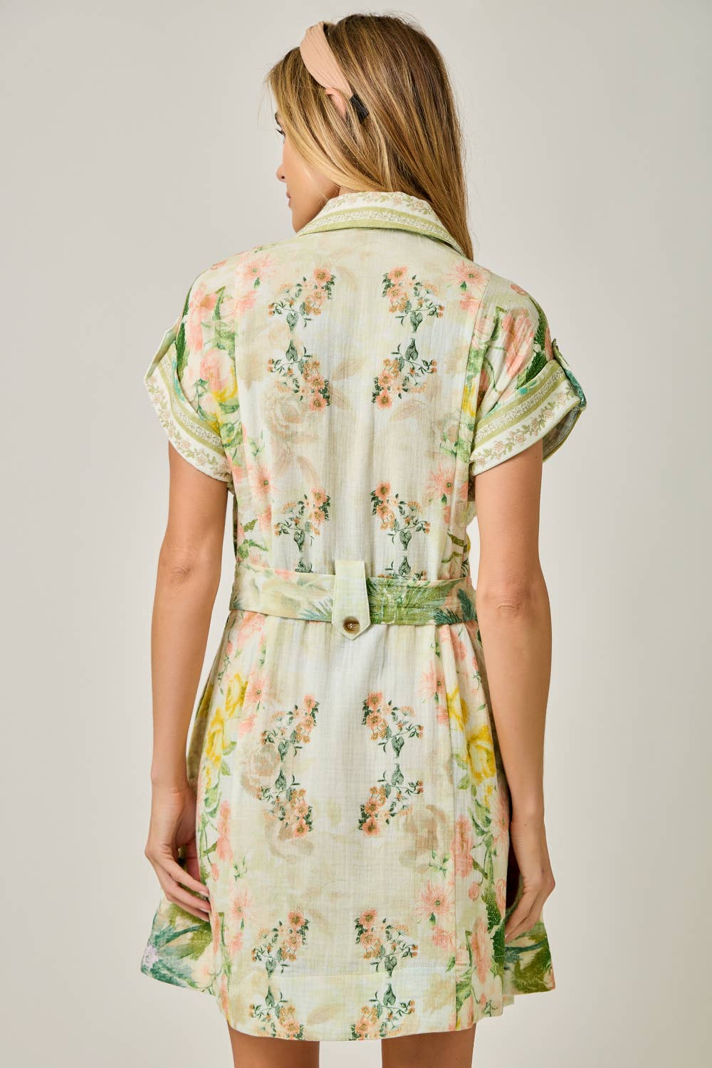 Tropical Floral Print Shirt Dress in Light Green