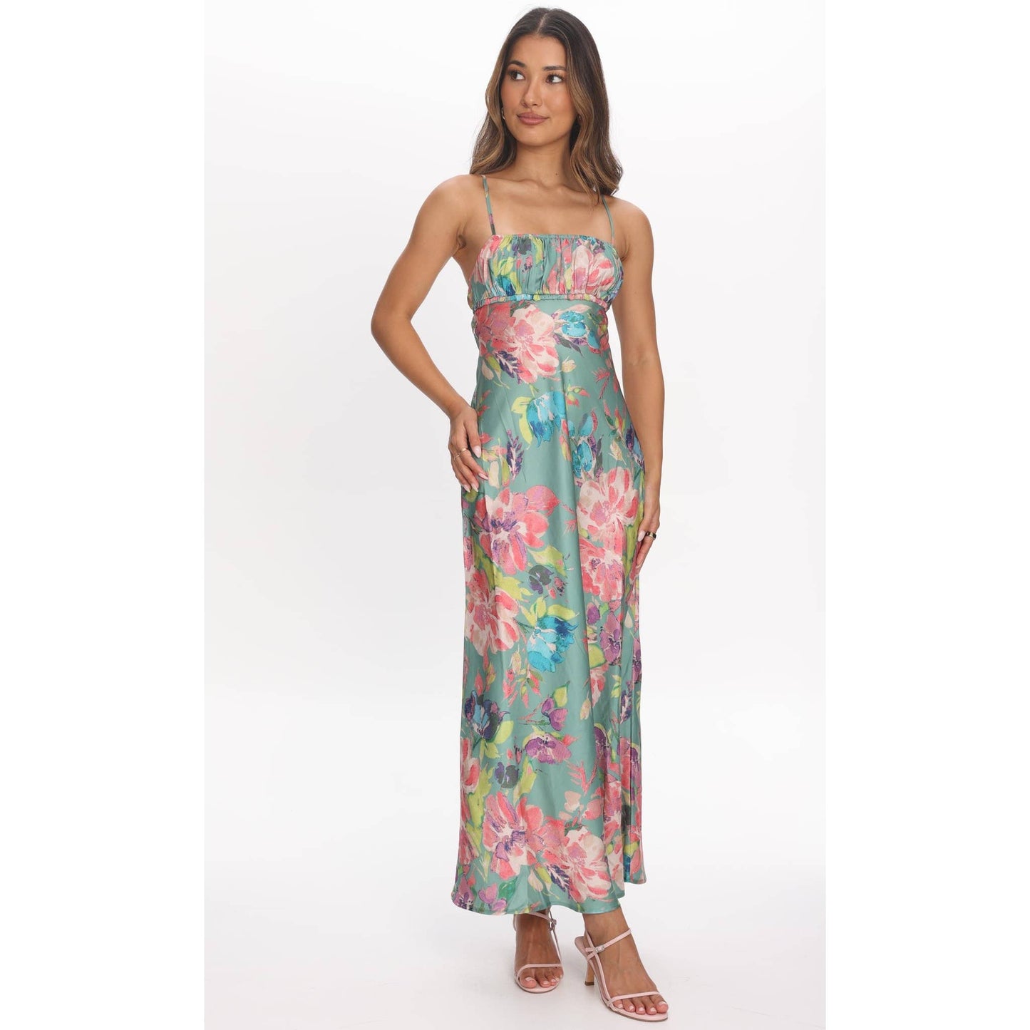 Floral Ruched Detail Dress in Jade/Multi