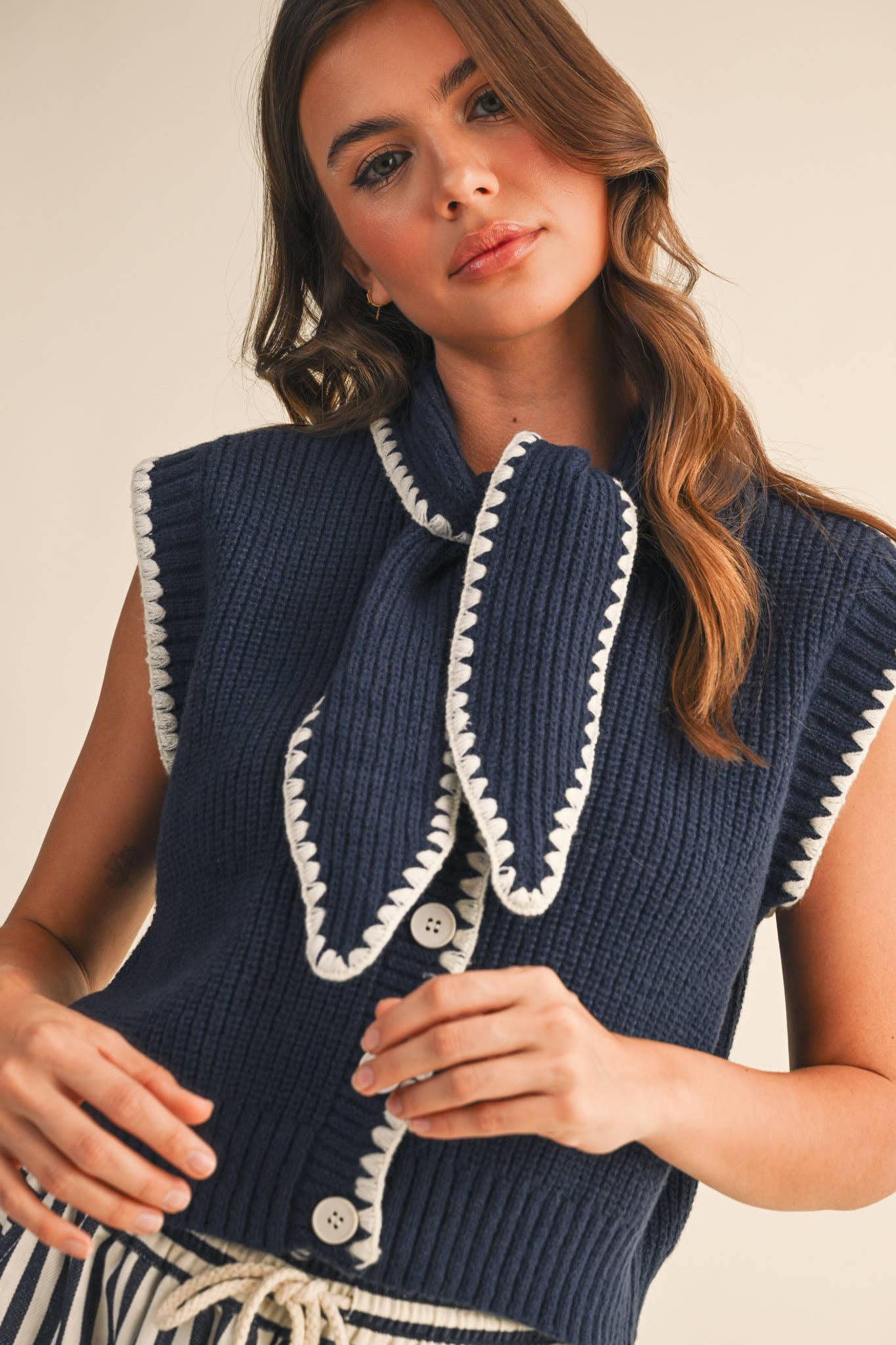 Tie Neck Sweater Vest in Navy and White
