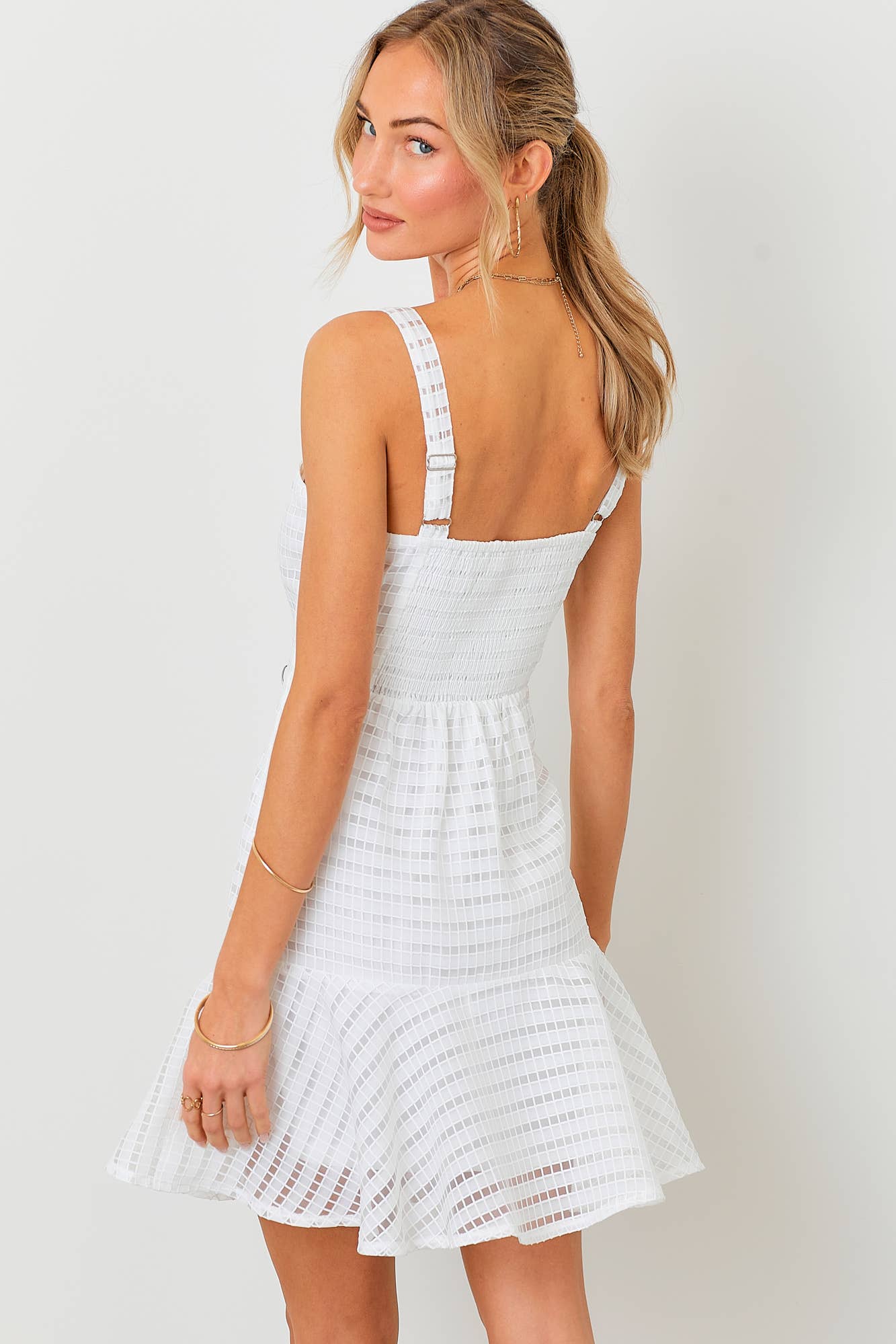 White Jaquard Peplum Mini Dress
