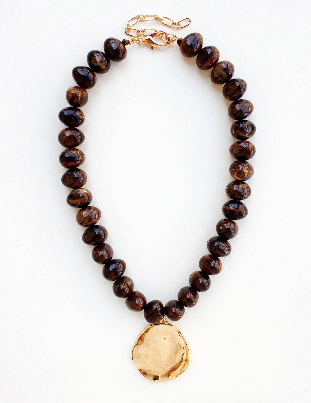Chunky Brown Beaded with Gold Pendant Necklace