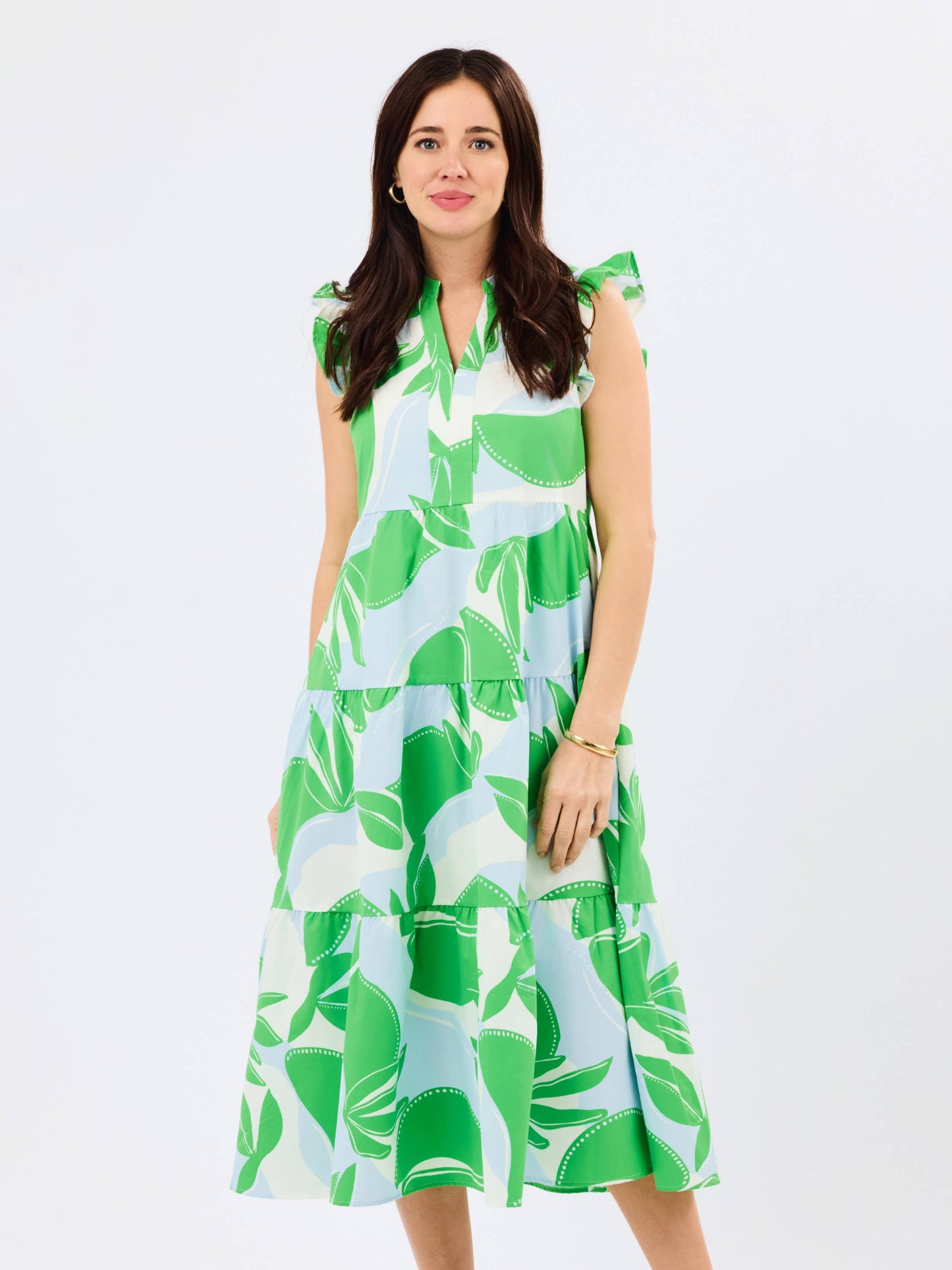 Blue and Green Flutter Sleeve Midi Dress
