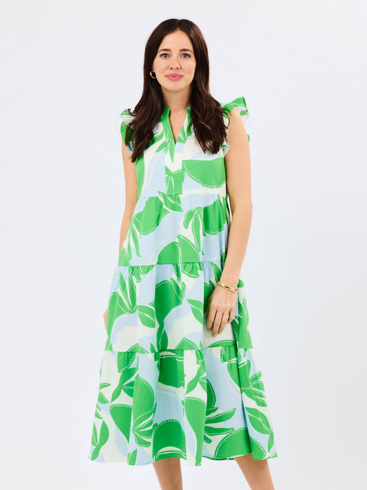 Blue and Green Flutter Sleeve Midi Dress
