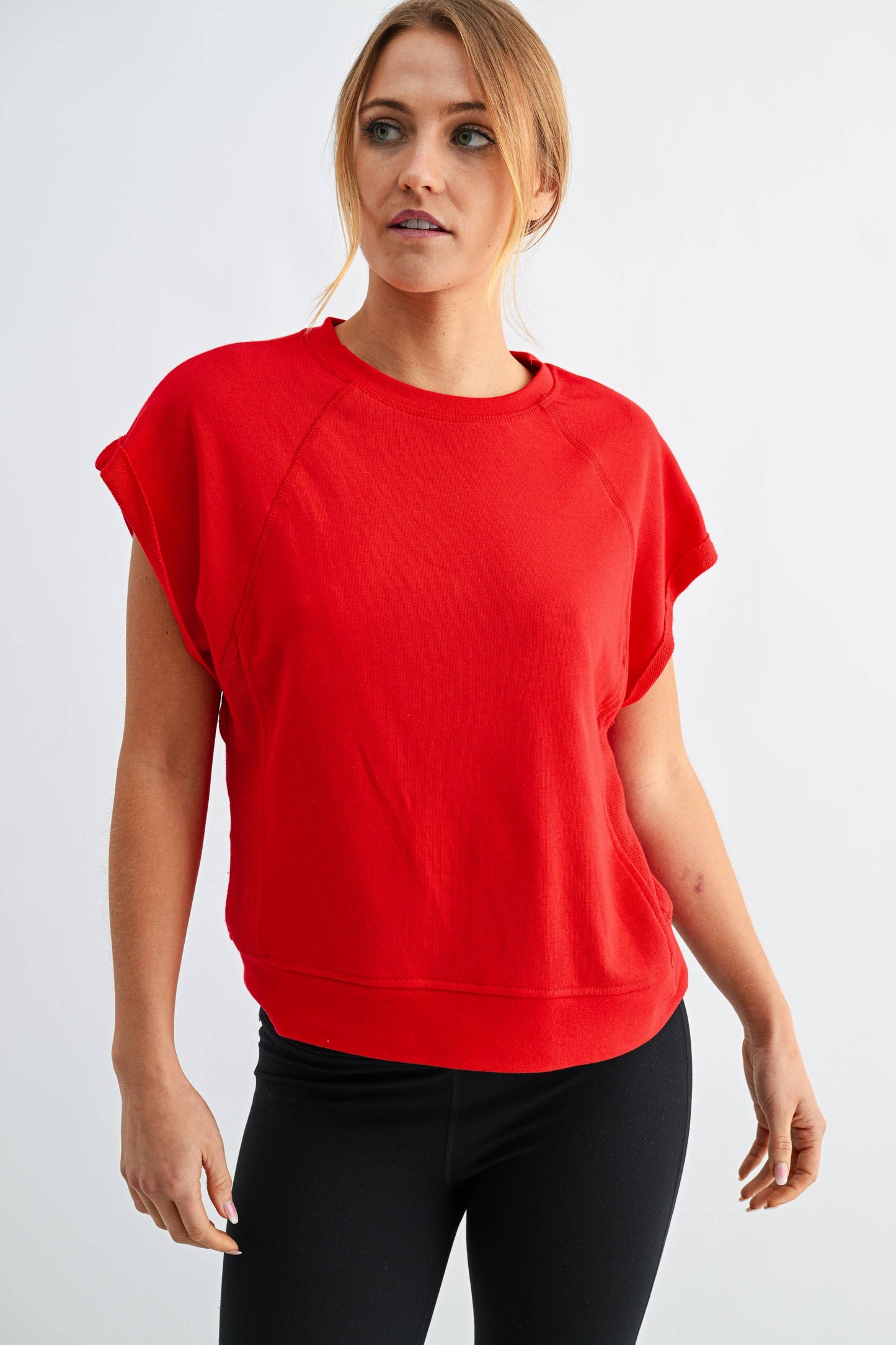 French Terry Cap Sleeve Top in Red