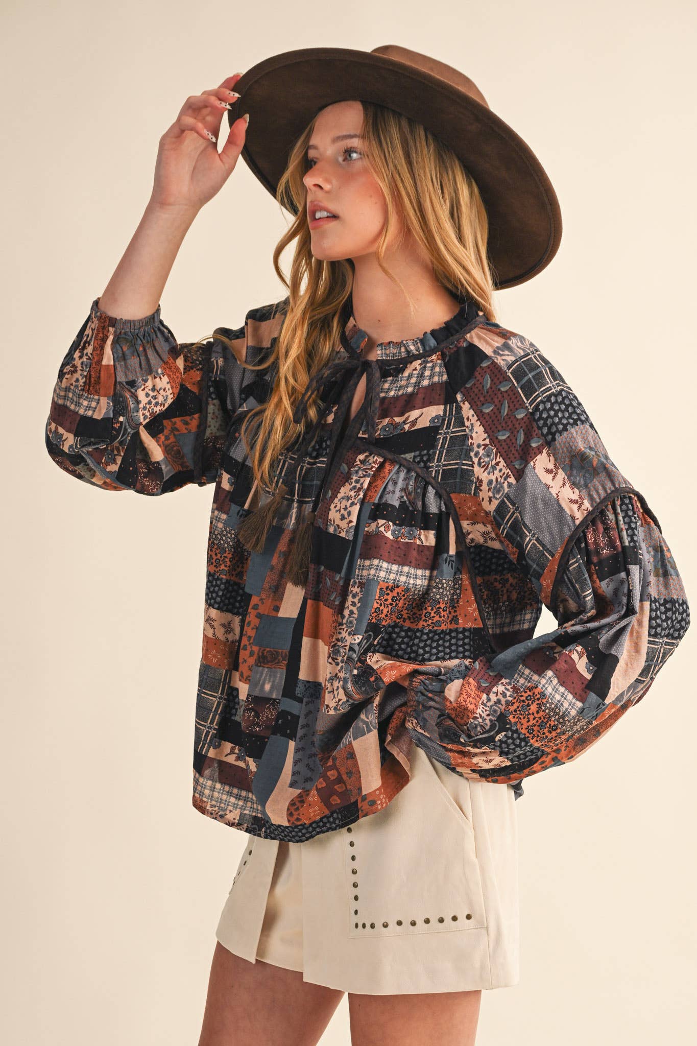 Patchwork Print Babydoll Top