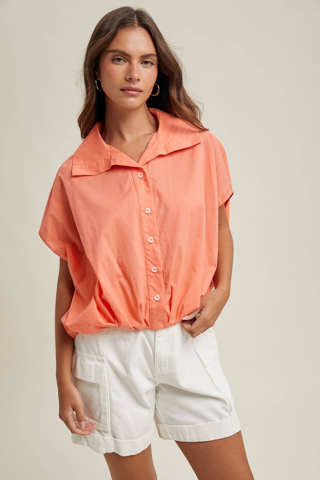 Bubble Hem Button Up Top in Melon