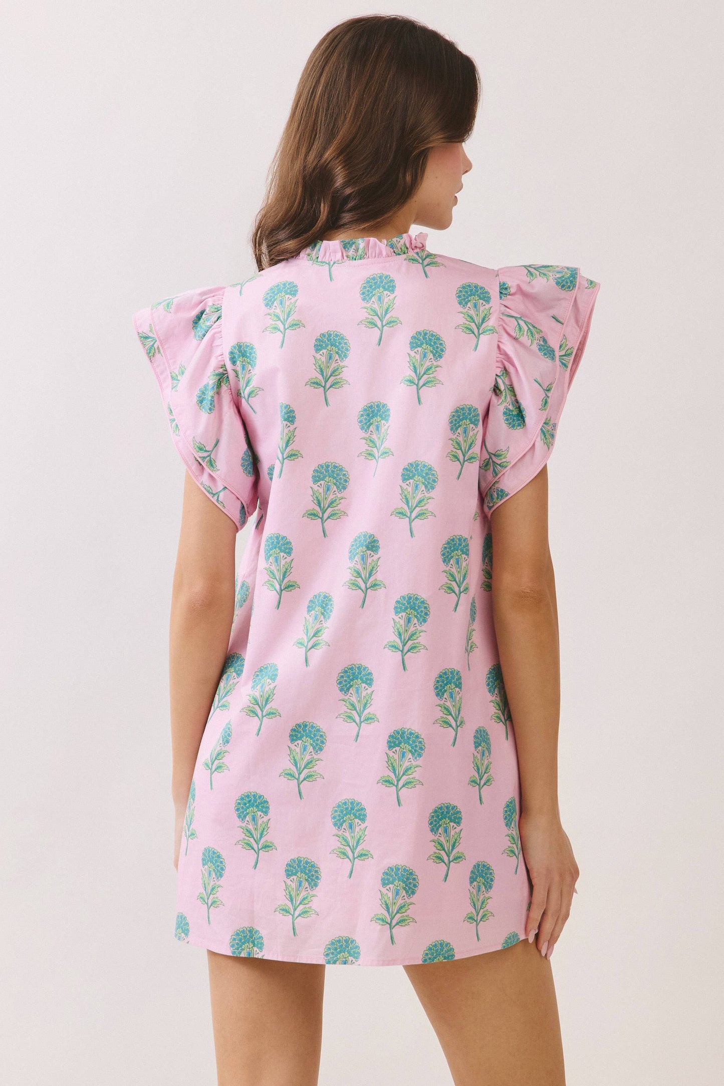 Floral  Ruffle Neck Frog Button  Mini Dress in Pink