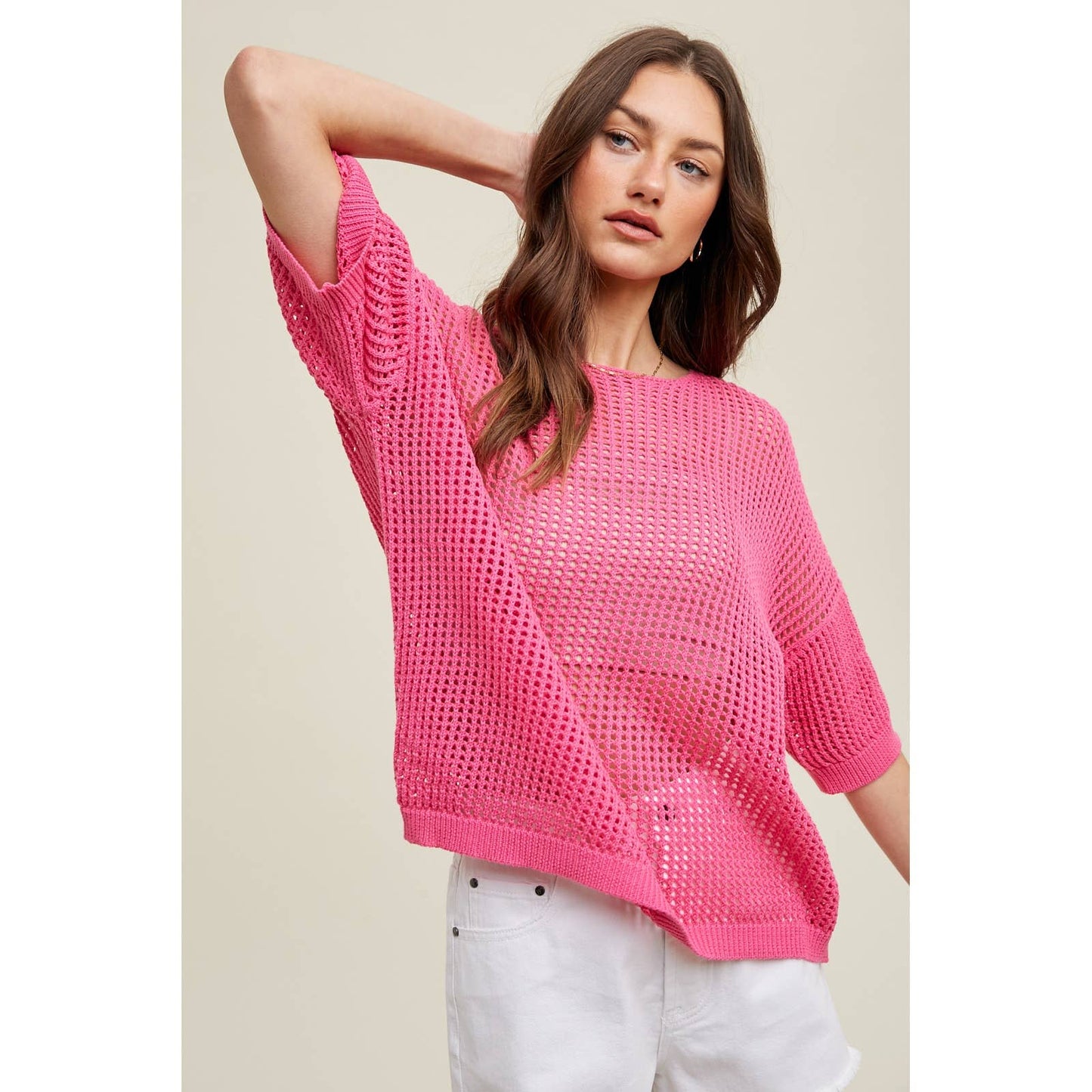 Open-Knit Drop Shoulder Sweater In Hot Pink