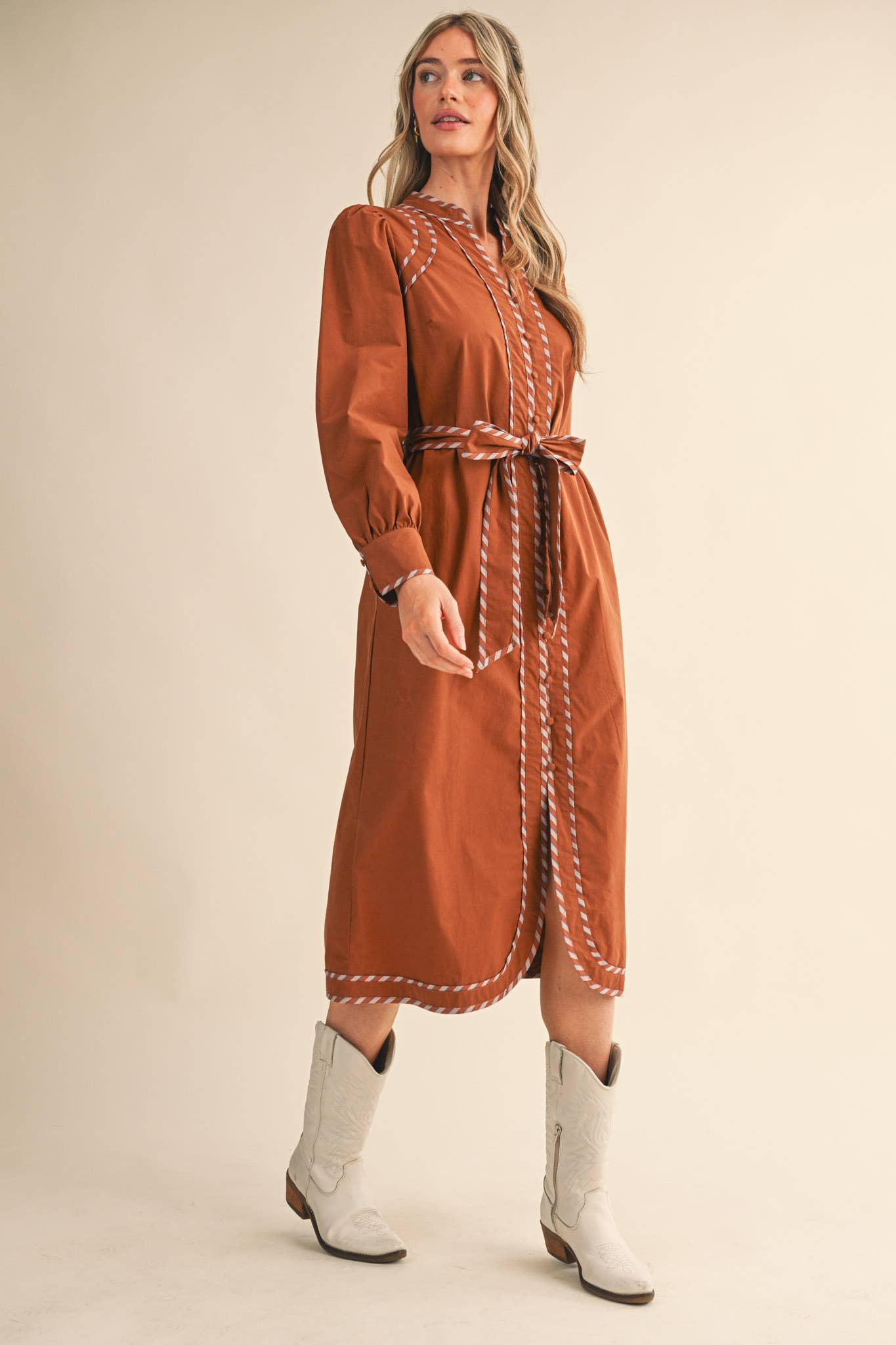STRIPED CONTRAST BINDING DETAIL MIDI DRESS
