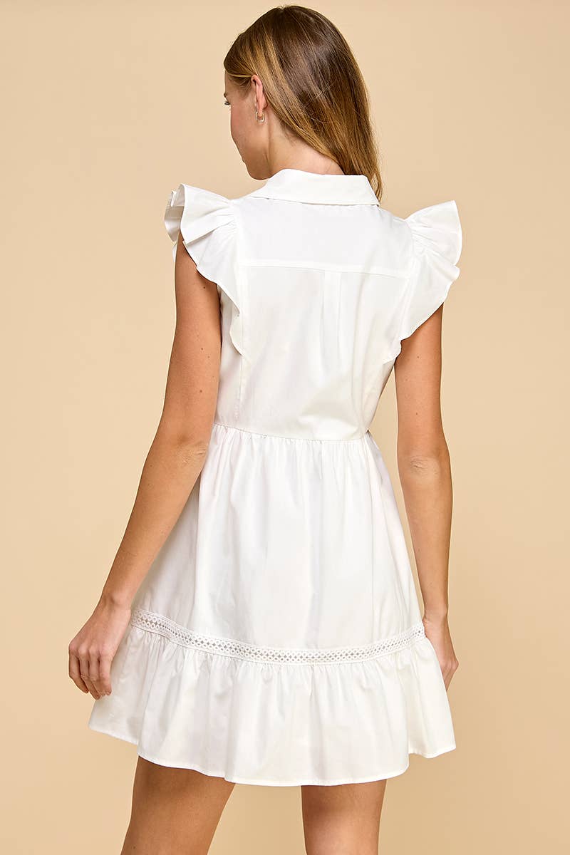 Fit and Flare Button Up Ruffled Sleeves Dress in White