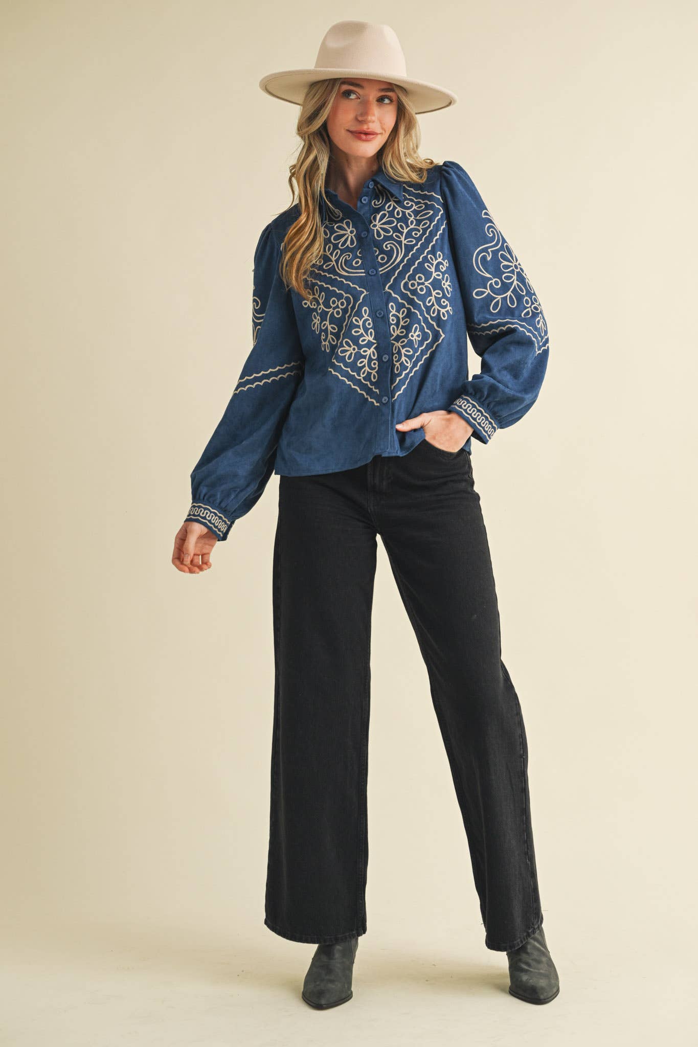 Suede Embroidered Button Up Top in Blue